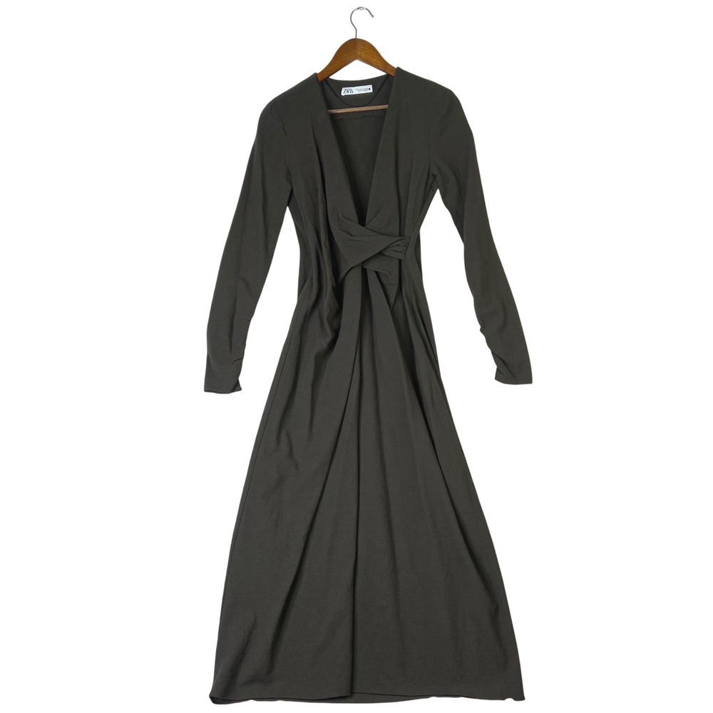 Zara Women Medium Dark Olive Wool Blend Twist Front Long Sleeve Maxi Dress